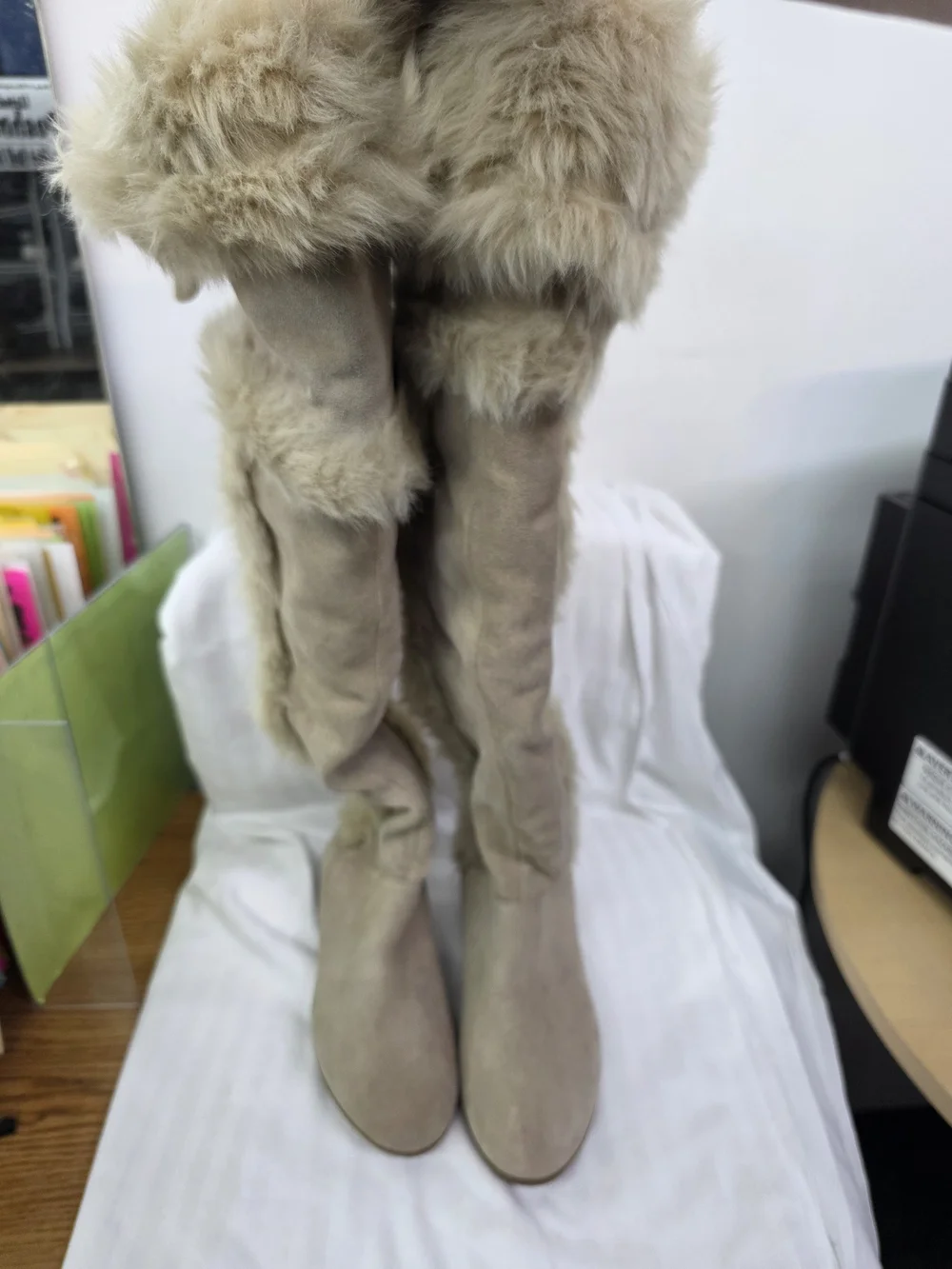 Aldo Beige Suede-Look Over-the-Knee Boots with Faux Fur Trim